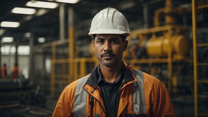 Portrait of Maintenance Engineer in Uniform and Safety Hard Hat at Factory Station