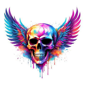 Colorful Skull with Wings Illustration Watercolor Style. Abstract clipart for t-shirt print. Isolated on white background.