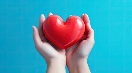 Obraz premium Hands tenderly clasping a red heart against a serene blue background.