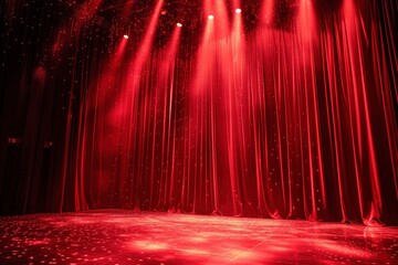 Spellbinding Theater Ambiance: Immerse yourself in a spellbinding theater ambiance with opulent red curtains framing the stage, bathed in the glow of a show spotlight