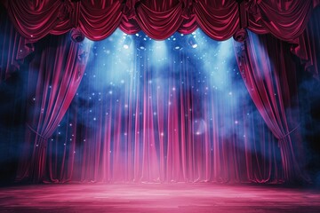 Dramatic Red Curtain Spectacle: Step onto a dramatic theater stage enveloped in vibrant red curtains, accentuated by a mesmerizing show spotlight that sets the scene for an unforgettable performance - obrazy, fototapety, plakaty