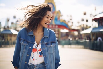 Fototapeta premium woman in a fun heart dress and denim jacket at an amusement park
