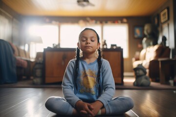 kid stretching, woman in deep meditation beside