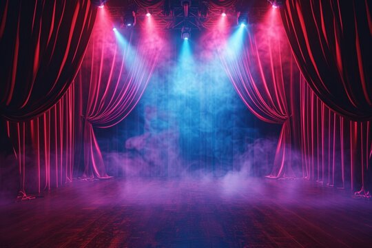 Dramatic Red Curtain Spectacle: Step onto a dramatic theater stage enveloped in vibrant red curtains, accentuated by a mesmerizing show spotlight that sets the scene for an unforgettable performance