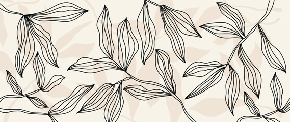 Abstract foliage botanical background vector. Beige wallpaper of tropical plants, leaf branches, palm leaves, line art. Foliage design for banner, prints, decor, wall art, decoration - obrazy, fototapety, plakaty