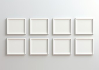 Empty white picture frames displayed against a white indoor wall, serving as a template or mock-up background.