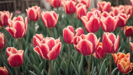 Obraz premium Spring garden blossoms with vibrant tulips in a colorful display of red, pink, purple, and yellow hues, creating a beautiful floral scene