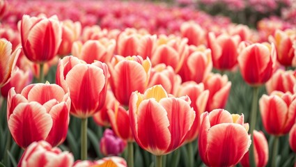 Fototapeta premium Spring garden blossoms with vibrant tulips in a colorful display of red, pink, purple, and yellow hues, creating a beautiful floral scene