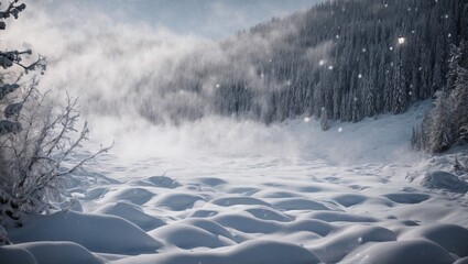 Winter Wonderland: A scenic landscape featuring snow-covered trees, icy roads, and a frosty forest under a blue sky, creating a serene and picturesque winter scene