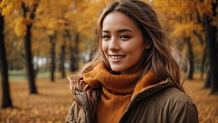Smiling woman in autumn park, surrounded by yellow leaves and trees, showcasing beauty and happiness in outdoor fall fashion