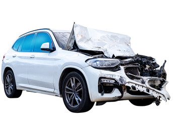 Full body front and side view of white car get damaged by accident on the road. damaged cars after...