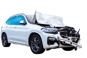 Full body front and side view of white car get damaged by accident on the road. damaged cars after collision. Isolated on transparent background, car crash broken, PNG File