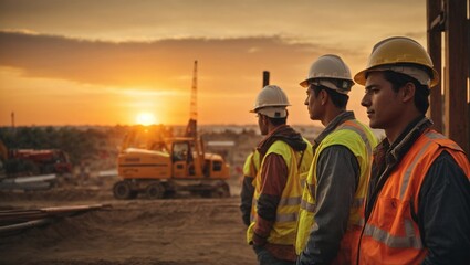 Workers in hardhats oversee construction activities as the sun sets over the bustling port city, blending industry and nature in a harmonious urban landscape