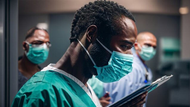 Team of healthcare professionals, including doctors, scientists, nurses, and researchers, wearing masks and uniforms in a hospital or laboratory setting, focused on providing medical care and conducti