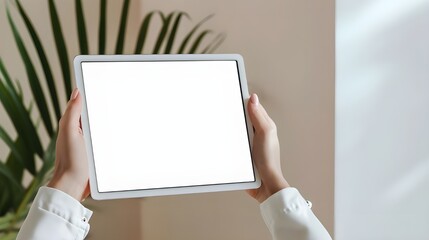 woman holding mobile smartphone with blank white screen background