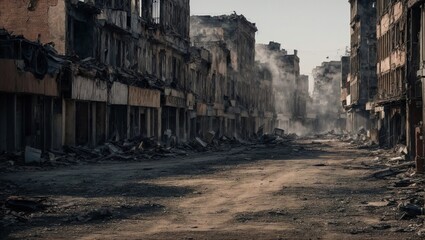 Empty streets of a burned city Apocalyptic view of the city The city was destroyed by war.