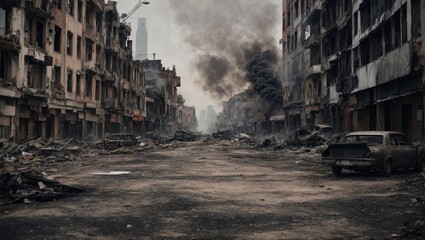 Empty streets of a burned city Apocalyptic view of the city The city was destroyed by war.