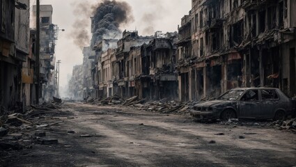 Fototapeta na wymiar Empty streets of a burned city Apocalyptic view of the city The city was destroyed by war.