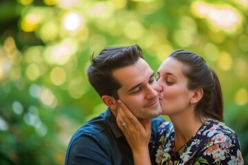 Fototapeta premium woman with floral dress kissing mans cheek, blurred green garden background