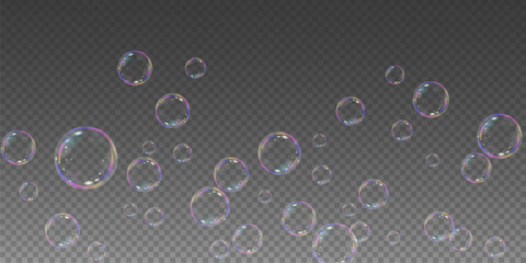 Realistic soap vector bubbles png isolated on transparent background. The effect of falling and flying bubbles. Glass bubble effect.	
