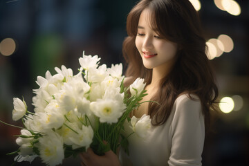 Naklejka premium White day marshmallows and gifts. Bouquet of white tulips and gift boxes