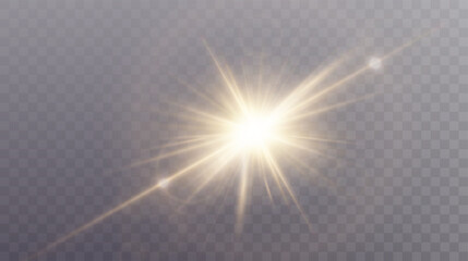 Set of realistic vector gold stars png. Set of vector suns png. Golden flares with highlights.	