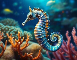 a sea horse standing on the reef with bright blue ocean water in the background