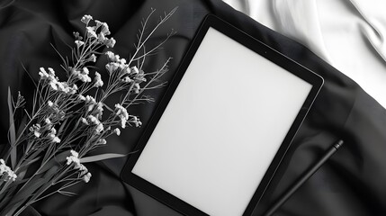 Tablet mockup on Modern tablet display mockup scene. Tablet with empty screen. Top view. Photo mockup with clipping path.
