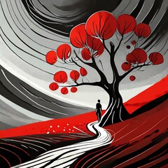 abstract tree with red flowers