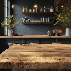 Fototapeta na wymiar Wood bar top with blue sky over a kitchen, in the style of rustic scenes