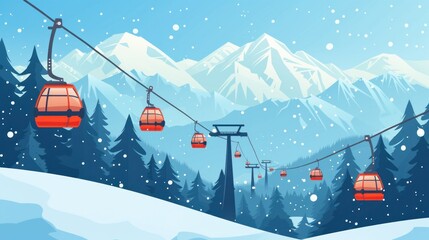 Cable cars or aerial lift on winter landscape with mountains. Nature background flat vector illustration.   