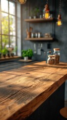 Fototapeta na wymiar Wood bar top with blue sky over a kitchen, in the style of rustic scenes