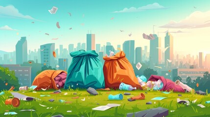City trash bag. Rotting garbage in waste bag or street dustbins, full can bin pile rubbish accumulation dumpster overflow dump dirty food, cartoon trashcan neat vector illustration of waste garbage    - obrazy, fototapety, plakaty
