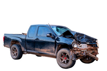 Front and side view of black pickup truck car get damaged by accident on the road. damaged cars...