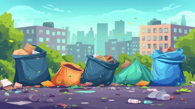 City trash bag. Rotting garbage in waste bag or street dustbins, full can bin pile rubbish accumulation dumpster overflow dump dirty food, cartoon trashcan neat vector illustration of waste garbage   