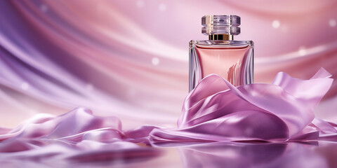 Bottle of perfume on a pink silk background. Glass flask with pink fragrance packaging design .