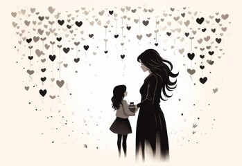 Naklejka premium Woman Holding Little Girls Hand in Front of Hearts
