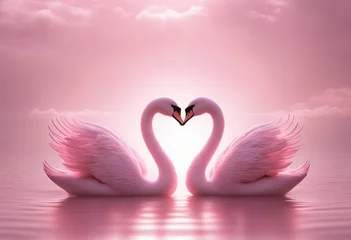 Foto op Plexiglas Two pink swans make the shape of a heart with their heads and long necks with beautiful background. Happy Valentine's Day. © Ahsan
