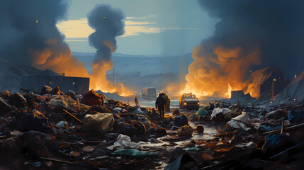 Garbage landfill. Dumping a large amount of garbage. Bonfire in a landfill. The concept of pollution of the environment, planet. Ecological problem. cartoon - obrazy, fototapety, plakaty