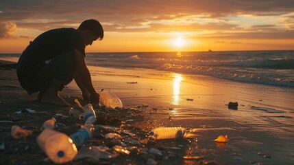Man collecting trash and cleaning beach at sunset    - obrazy, fototapety, plakaty