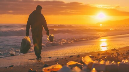 Man collecting trash and cleaning beach at sunset   - obrazy, fototapety, plakaty