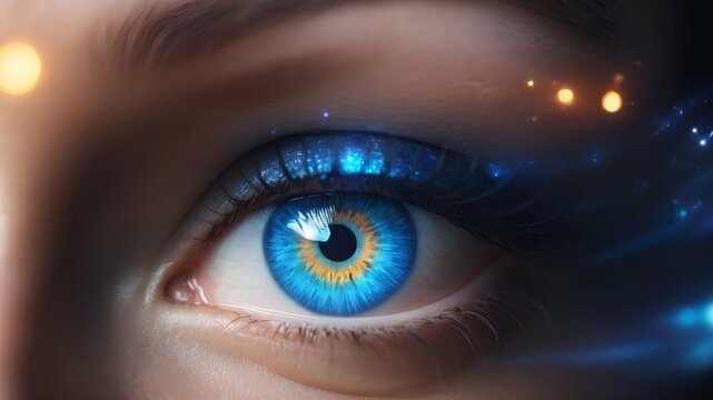 Close up focus on the eye of a young woman looking straight ahead in lights effects. Generative AI