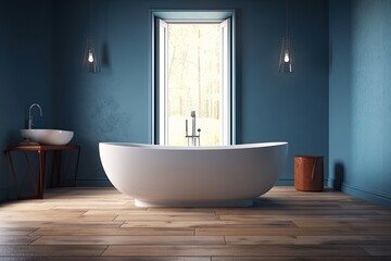Fototapeta na wymiar a contemporary bathroom with a bathtub on the wooden floor in a barren room interior background home designs, the bathtub in front of an empty blue wall object home decorating