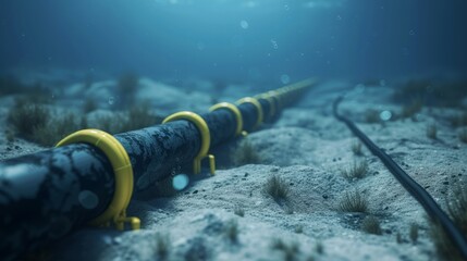 Submarine internet communication cable on the seabed in the ocean (3d illustration)    