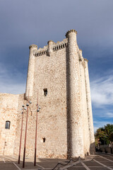 Fototapeta na wymiar a historic stone castle with tall towers under a blue sky, surrounded by modern street lamps