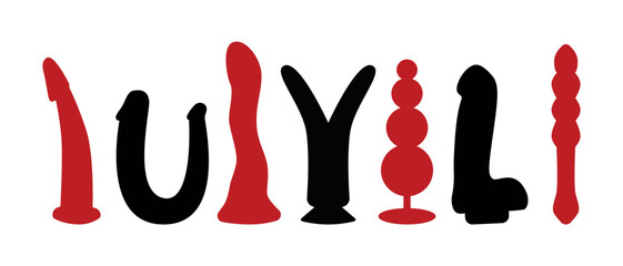 Set of sex toys. Black and red dildos. Isolated elements for sex shop concept design