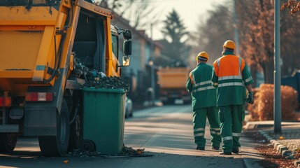 Two garbage men working together on emptying dustbins for trash removal with truck loading waste and trash bin.    - obrazy, fototapety, plakaty