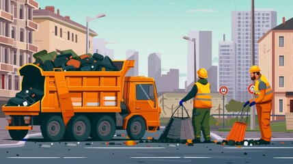 Two garbage men working together on emptying dustbins for trash removal with truck loading waste and trash bin.   