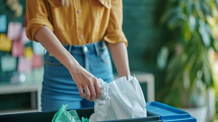 Woman putting crumpled paper in a trash bin, recycling and waste sorting concept   