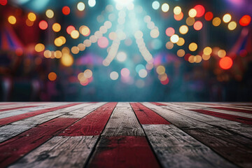 bokeh of lanterns and performances, close-up sharp shot of wooden background red and white, shabby - obrazy, fototapety, plakaty